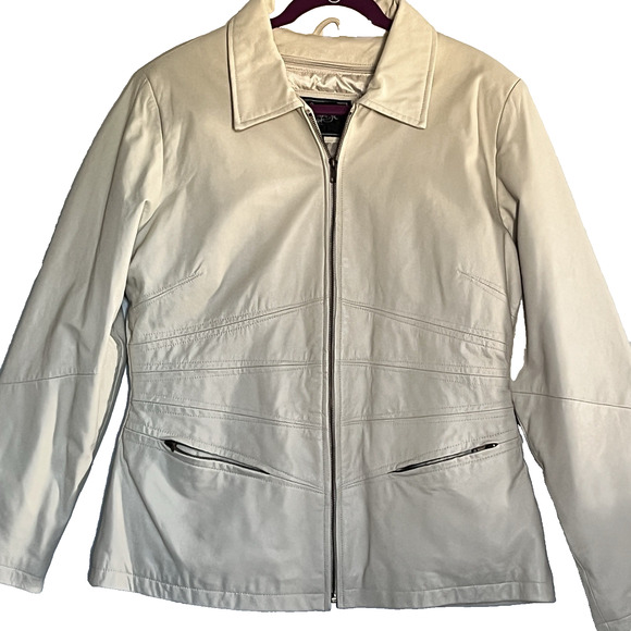 Women Leather Jacket Cream Genuine Leather Moto Zip In/Out Lining Pockets SZ L - Picture 1 of 14